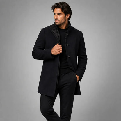 Men's Wool Coat – Black Stand Collar Overcoat