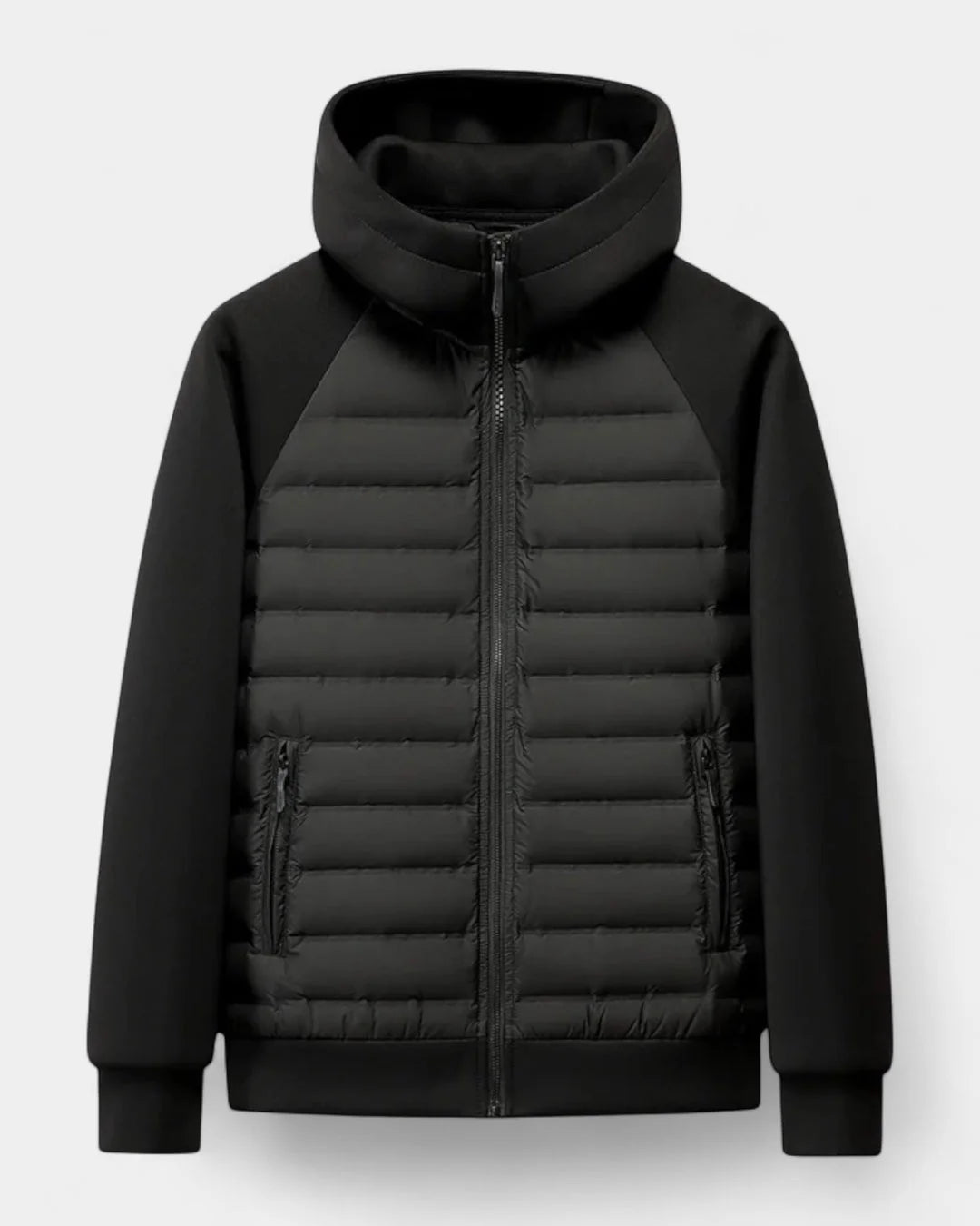 Men's Hooded Puffer Jacket – Black Raglan Softshell