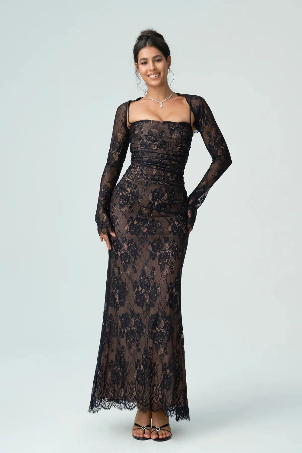 Lace Maxi Dress – Black Long Sleeve Square Neck
