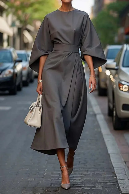 Belted Midi Dress with Lantern Sleeves
