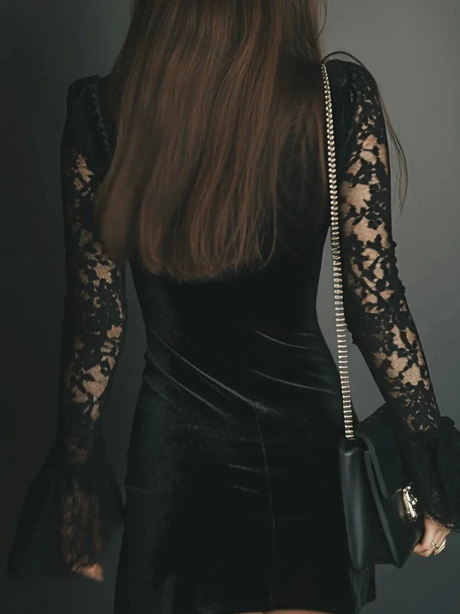 Velvet Lace Long Sleeve Cocktail Dress