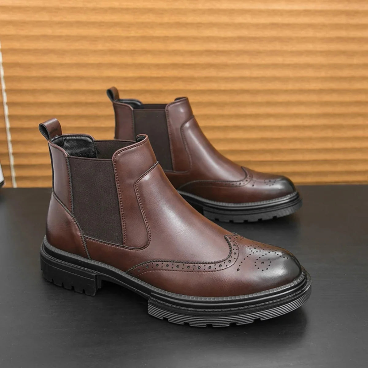 Men's Chelsea Boots – Black Leather Brogue Lug Sole