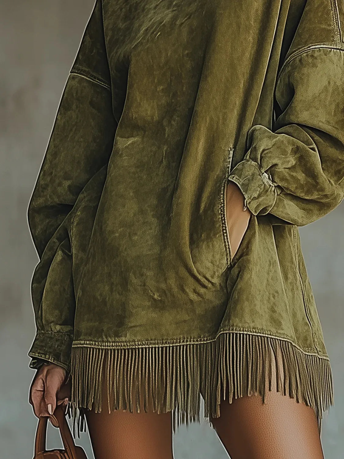 Sweater Dress – Green Fringe Hem Mock Neck