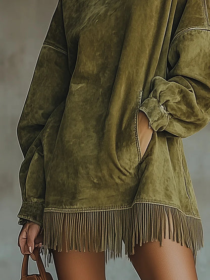 Sweater Dress – Green Fringe Hem Mock Neck
