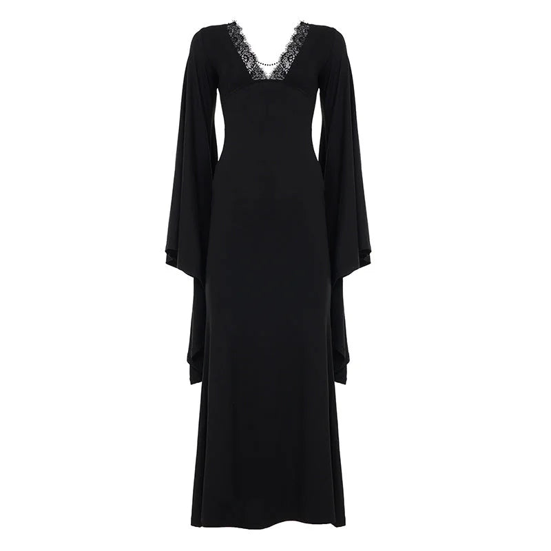 Lace Maxi Dress – Black Flared Sleeve V-Neck