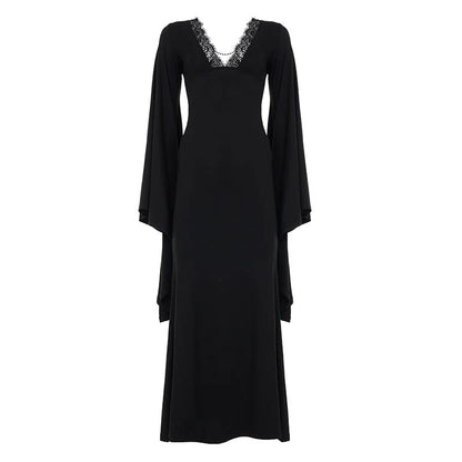 Lace Maxi Dress – Black Flared Sleeve V-Neck