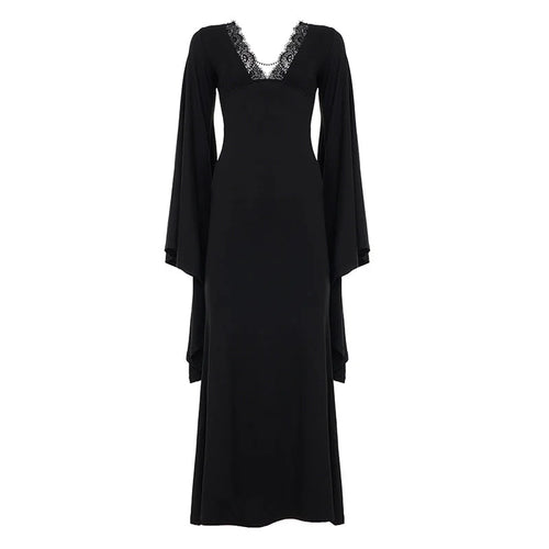 Lace Maxi Dress – Black Flared Sleeve V-Neck