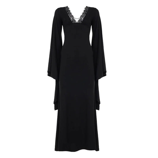 Lace Maxi Dress – Black Flared Sleeve V-Neck