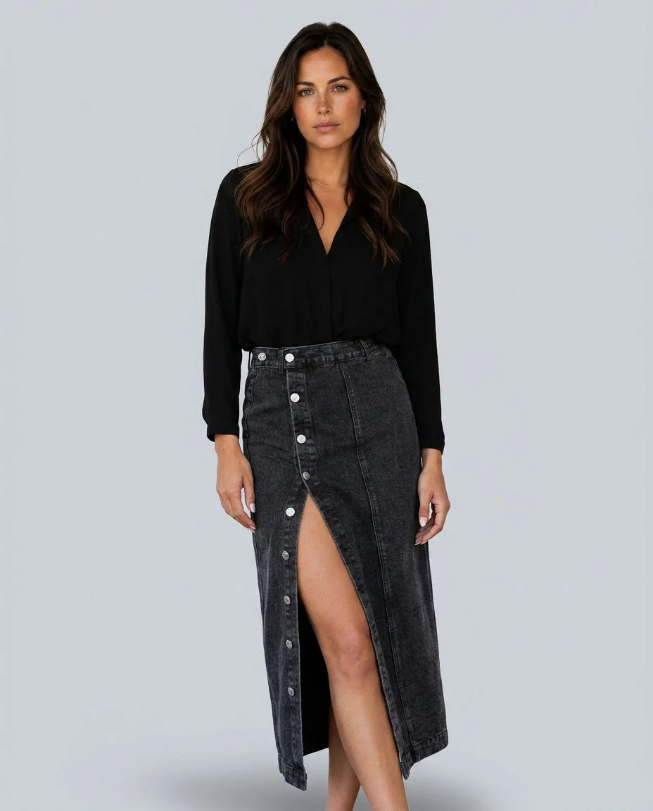 Button-Front Denim Midi Skirt