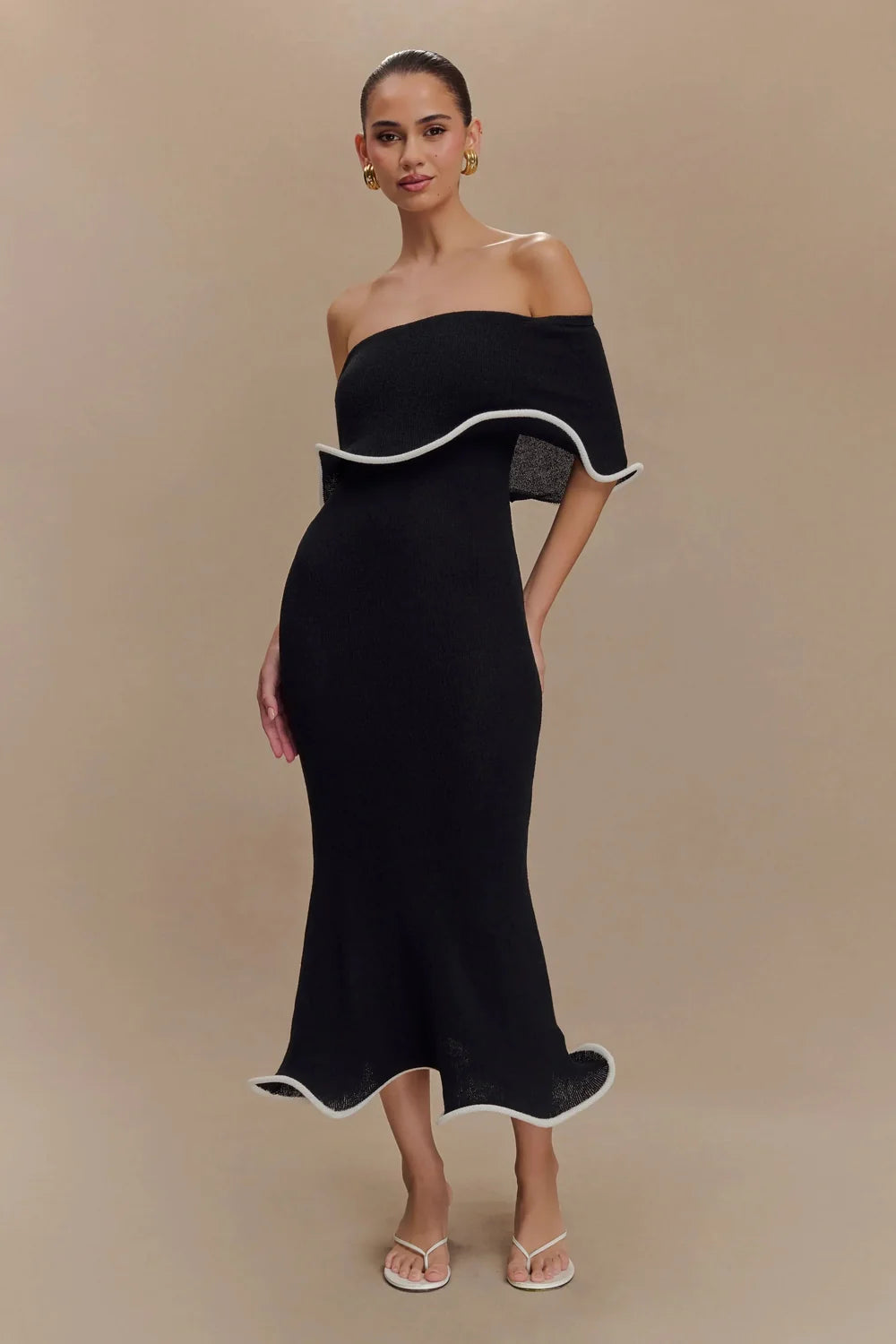 Sweater Dress – Black Off-Shoulder Midi