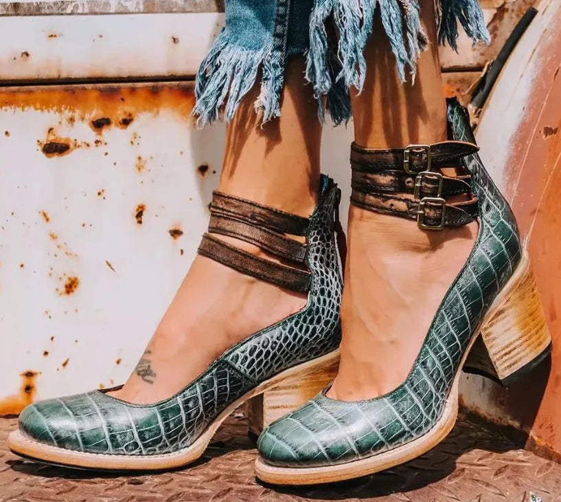 Ankle Boots Triple Buckle Strap Block Heel