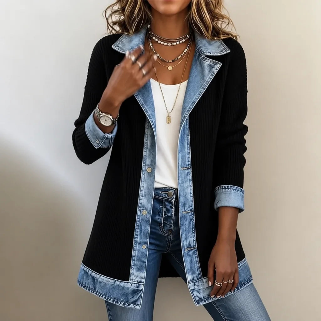 Knit Coat with Denim Panels Ribbed Cardigan