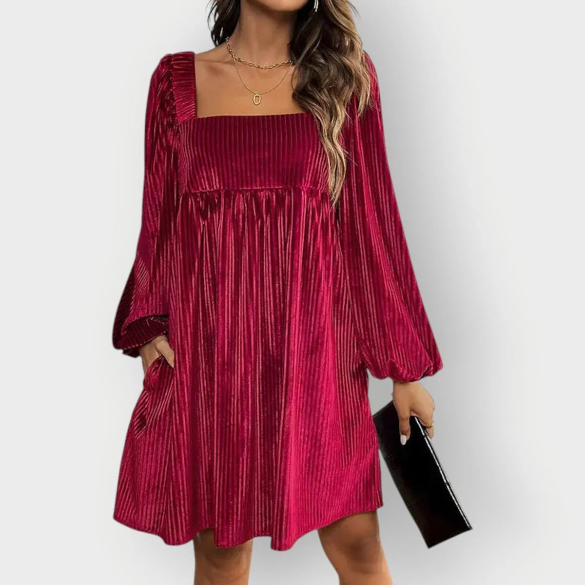 Velvet Dress – Wine Red Pleated Square Neck