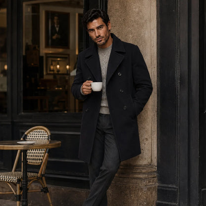 Men's Wool Coat – Black Double-Breasted Peacoat
