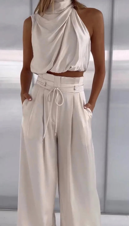 Aurora | Satin Pant Set Halter Top Wide Leg