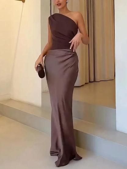Wedding Guest Dress – Brown One-Shoulder Ruched Maxi