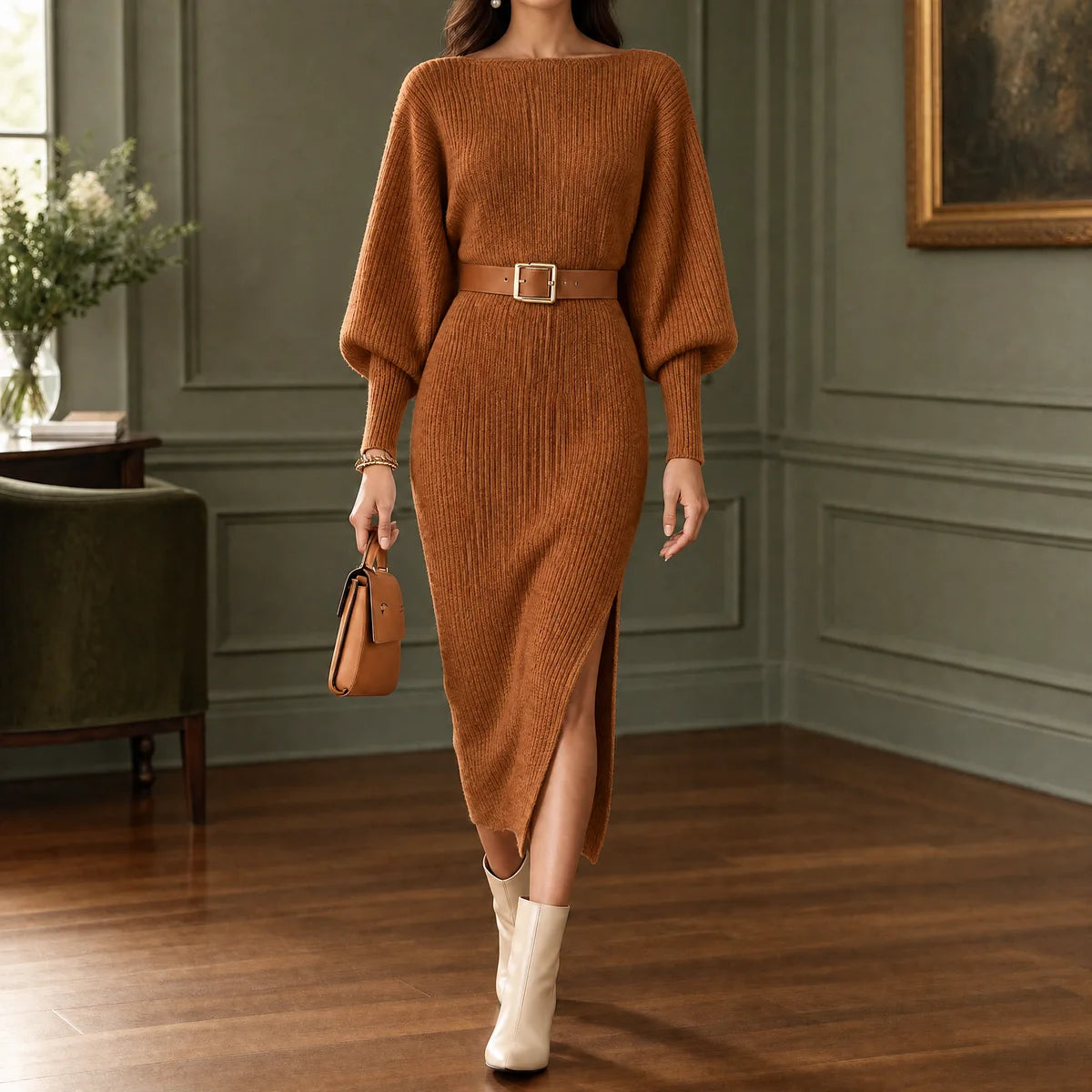 Ribbed Knit Midi Sweater Dress