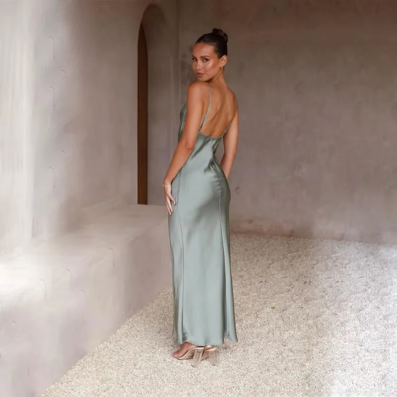 Wedding Guest Dress – Black Cowl Neck Satin Maxi