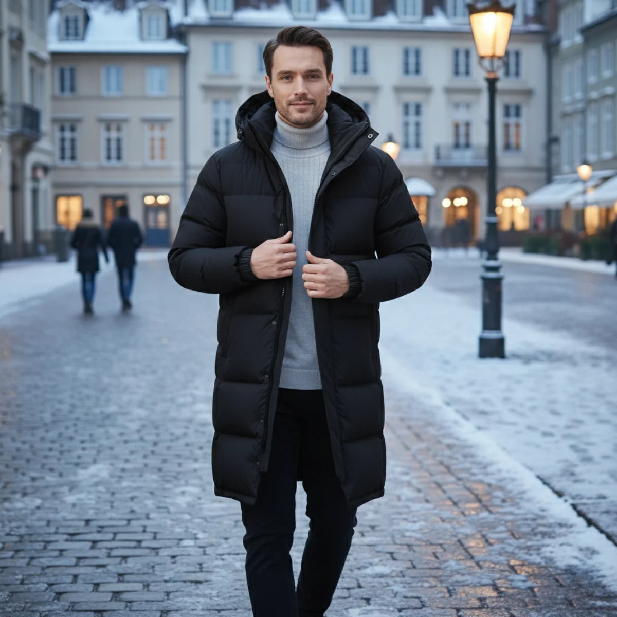Men's Hooded Puffer Jacket – White Quilted Longline
