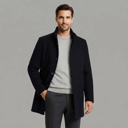 Men's Wool Coat – Black Stand Collar Overcoat