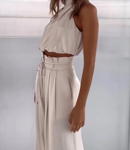 Aurora | Satin Pant Set Halter Top Wide Leg