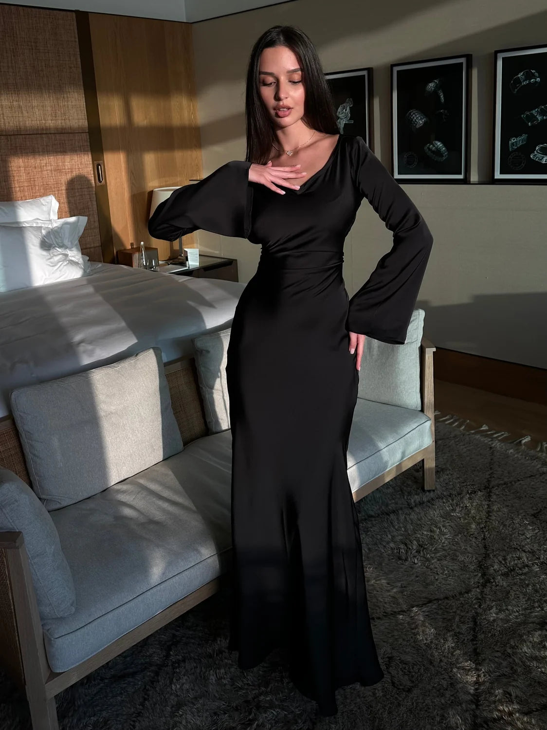 Wedding Guest Dress – Black Long Sleeve Maxi