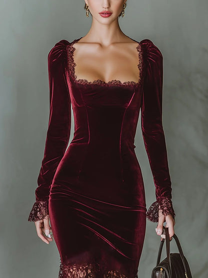 Velvet Long Sleeve Formal Maxi Dress with Lace Hem
