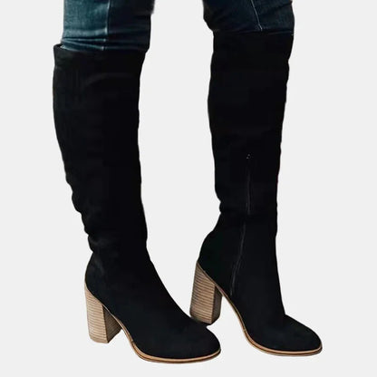 Ruched Block Heel Knee-High Boots
