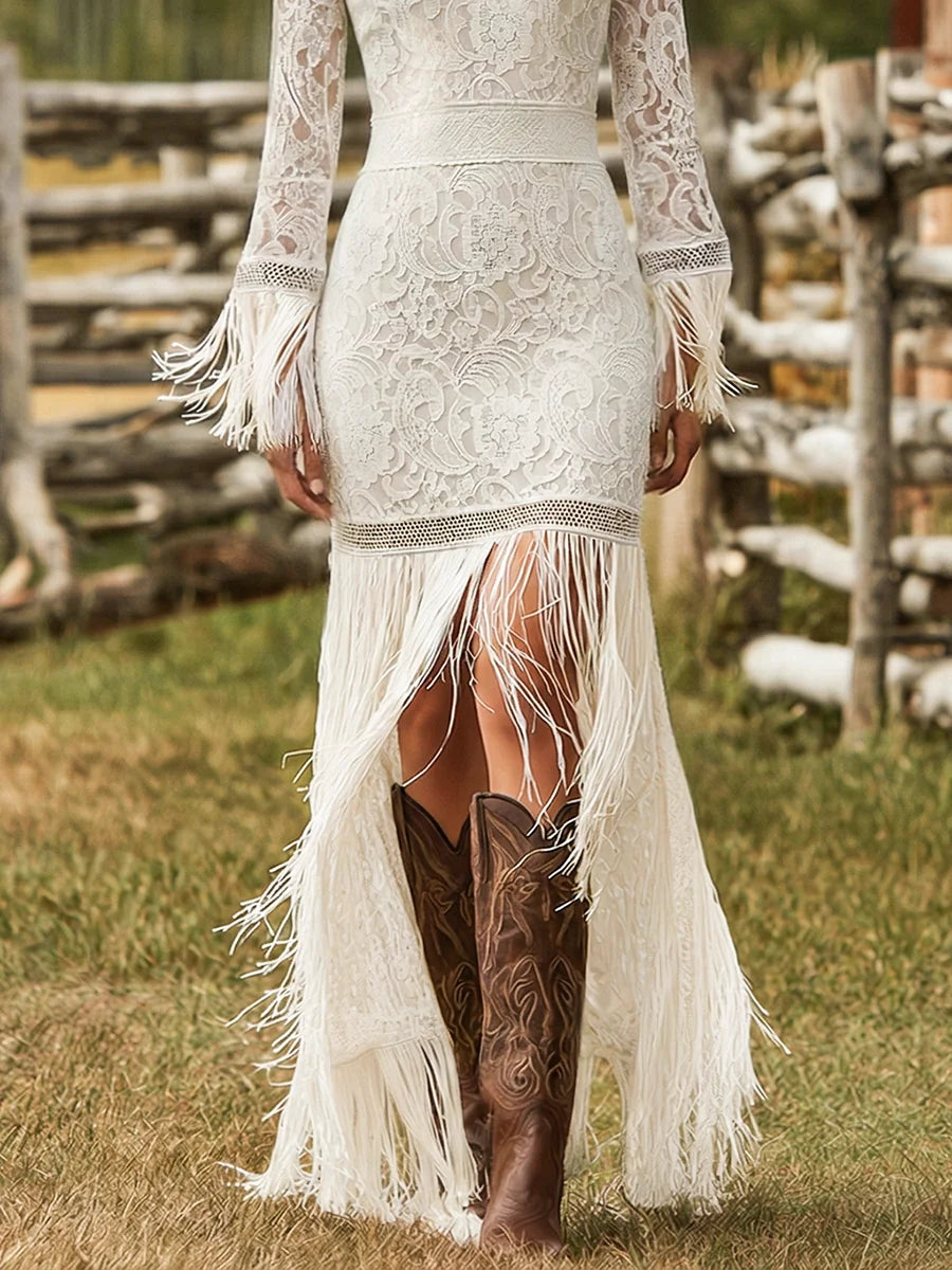 Lace Long Sleeve Maxi Dress with Fringe