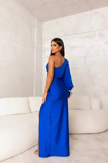 One-Shoulder Satin Cocktail Maxi Dress