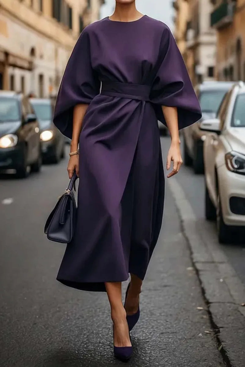 Belted Midi Dress with Lantern Sleeves