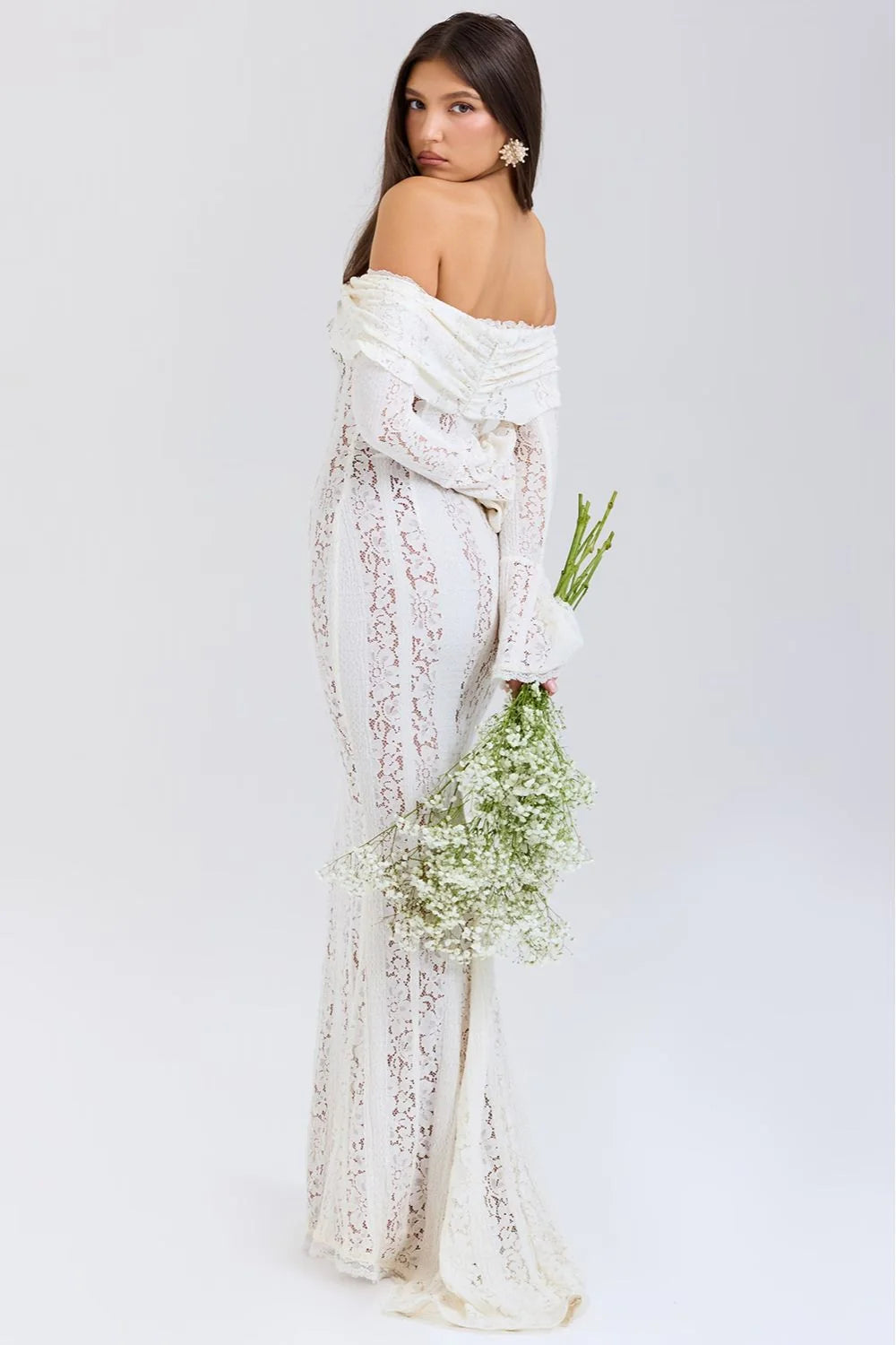 Lace Maxi Dress – Black Off-Shoulder Bell Sleeve