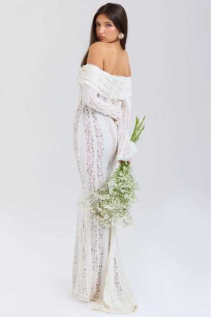 Lace Maxi Dress – Black Off-Shoulder Bell Sleeve