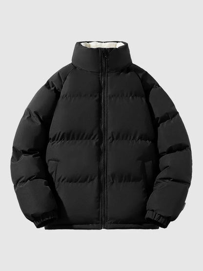 Men's Puffer Jacket – Black Fleece-Lined Stand Collar