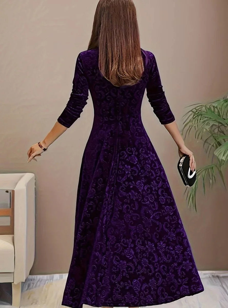 Velvet Square-Neck Floral Embossed A-Line Party Dress