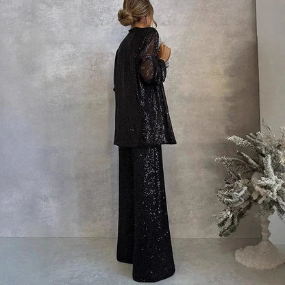 Sequin Blazer and Wide-Leg Pant Set