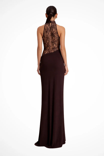 Lace Maxi Dress – Brown High Neck Halter