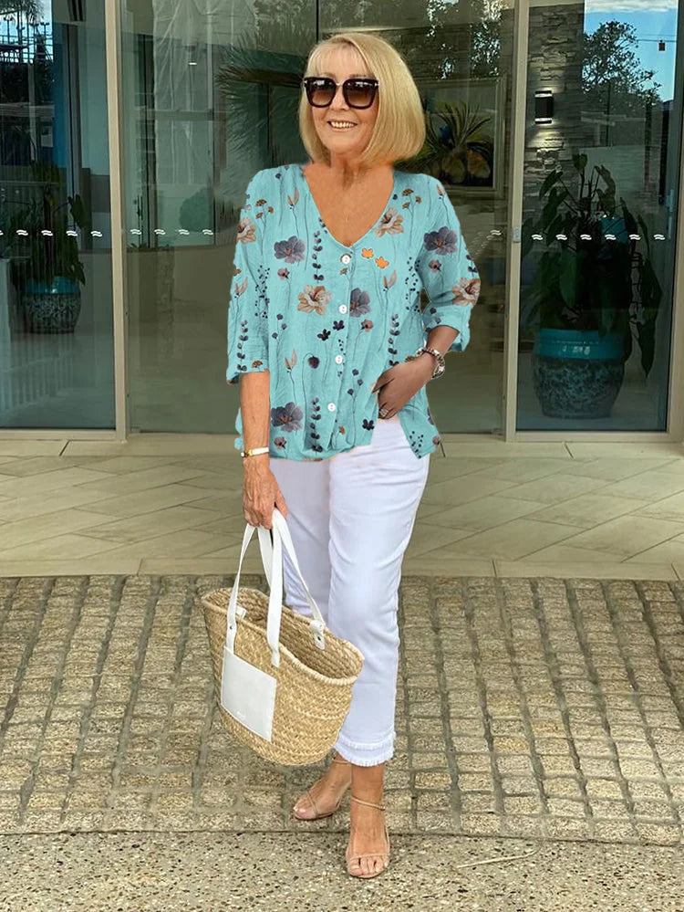 V-Neck Three-Quarter Sleeve Printed Blouse
