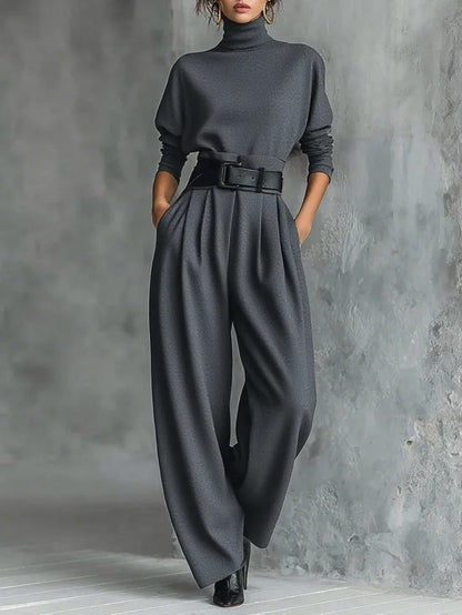 High-Neck Top and Wide-Leg Pant Set with Belt