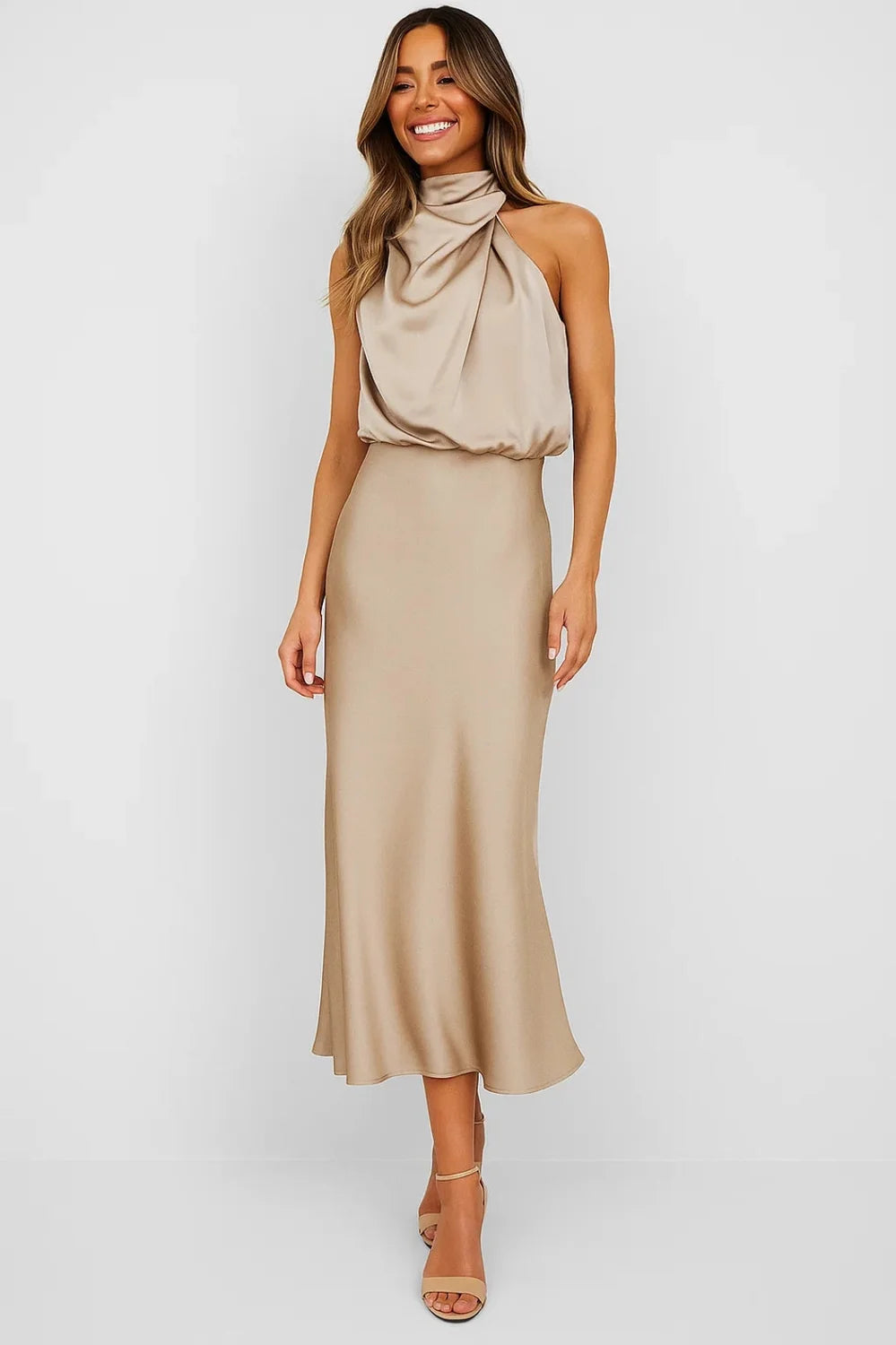 Wedding Guest Dress – Dark Red Halter Satin Maxi