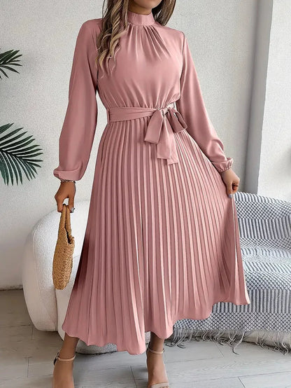 Long Sleeve Pleated Belted Dress