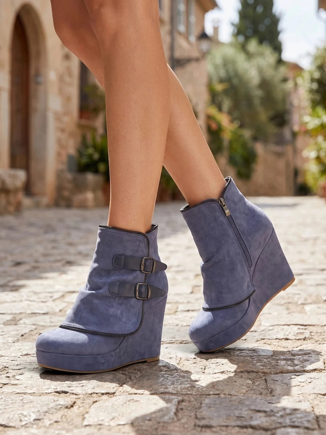 Wedge Ankle Boots Side Zip Double Buckle