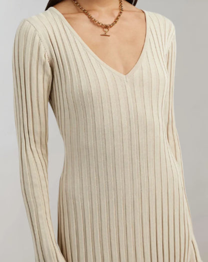 Sweater Dress – White V-Neck Ribbed Maxi