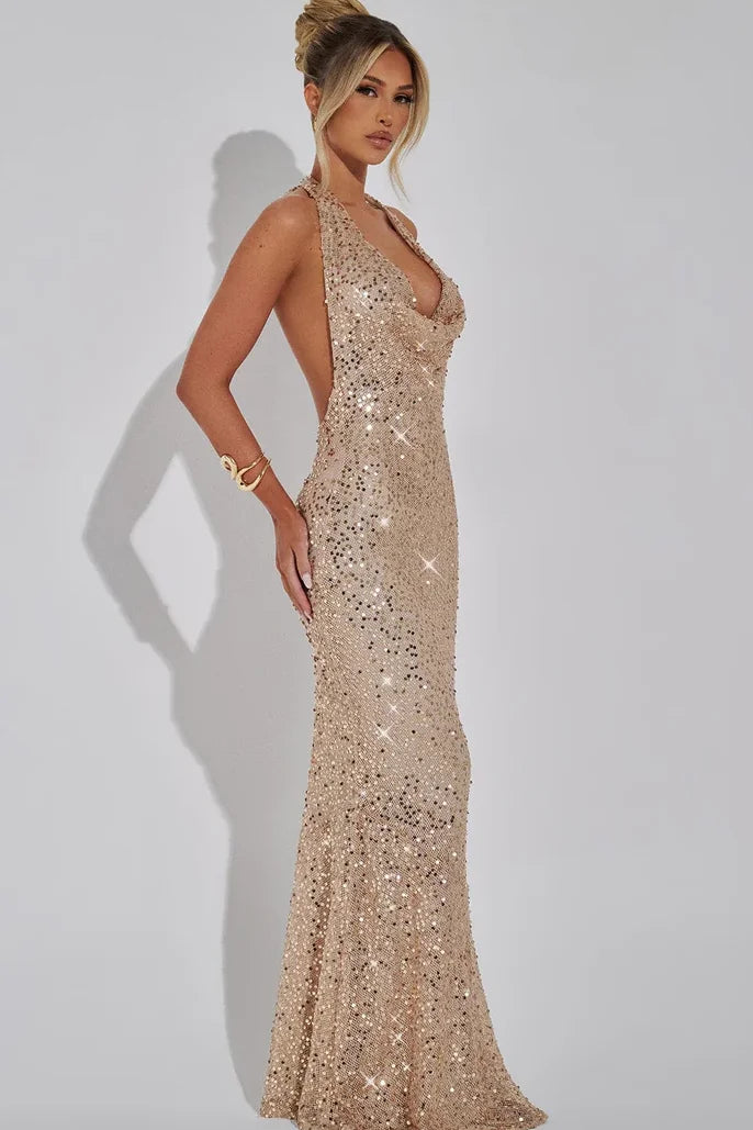 Sequin Dress – Wine Red Halter Open Back Maxi