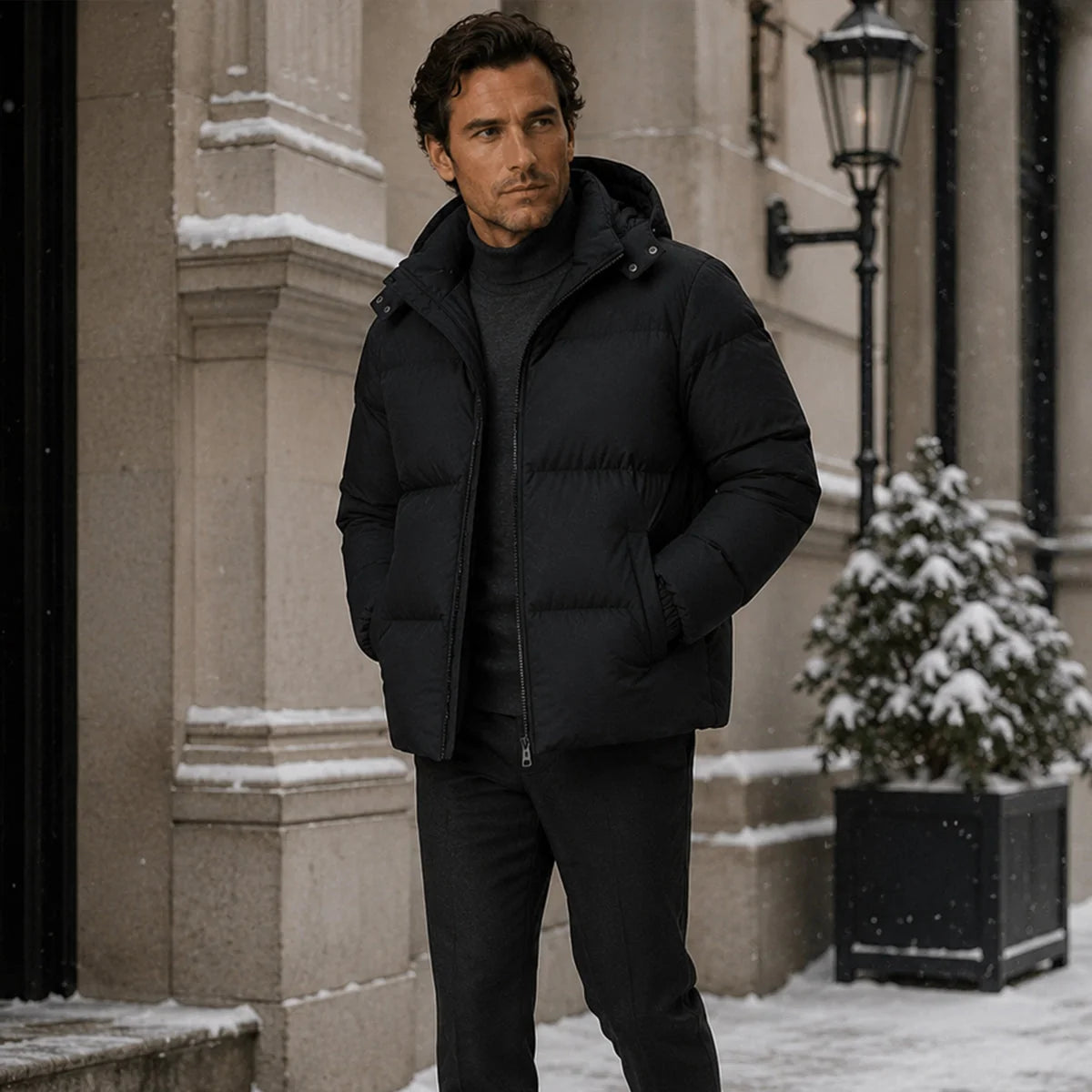 Men's Puffer Jacket – Black Hooded Insulated