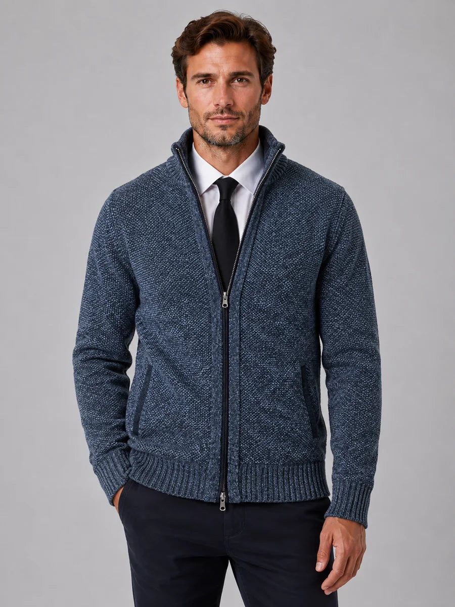 Men's Full Zip Knit Cardigan – Funnel Neck Textured Jumper