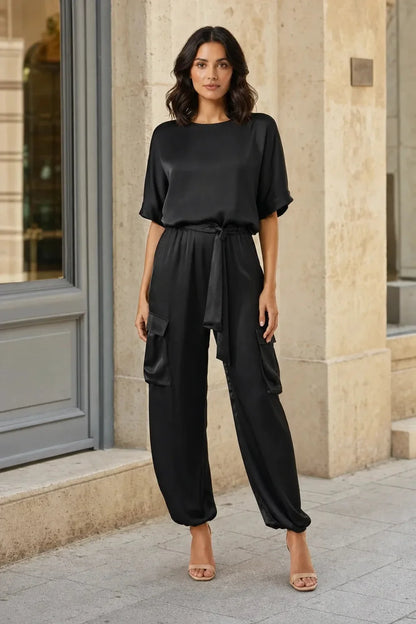Satin Cargo Pants Set Two Piece