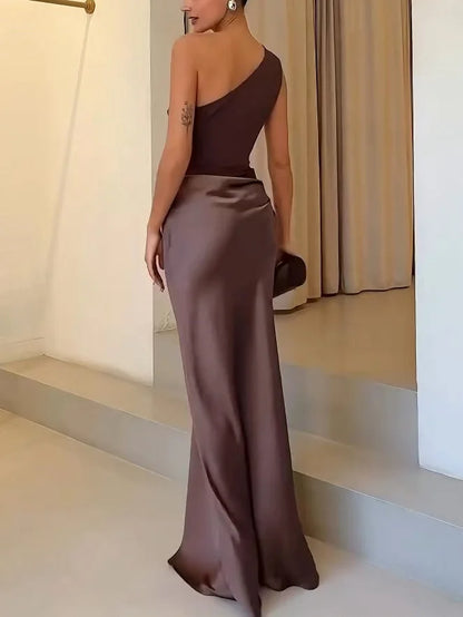 Wedding Guest Dress – Brown One-Shoulder Ruched Maxi