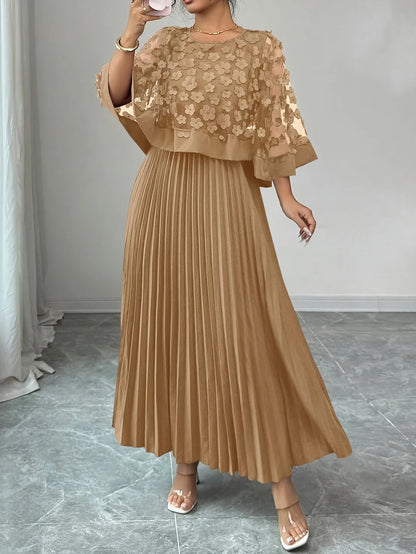 Maxi Dress 3D Floral Appliqué Pleated Wedding Guest