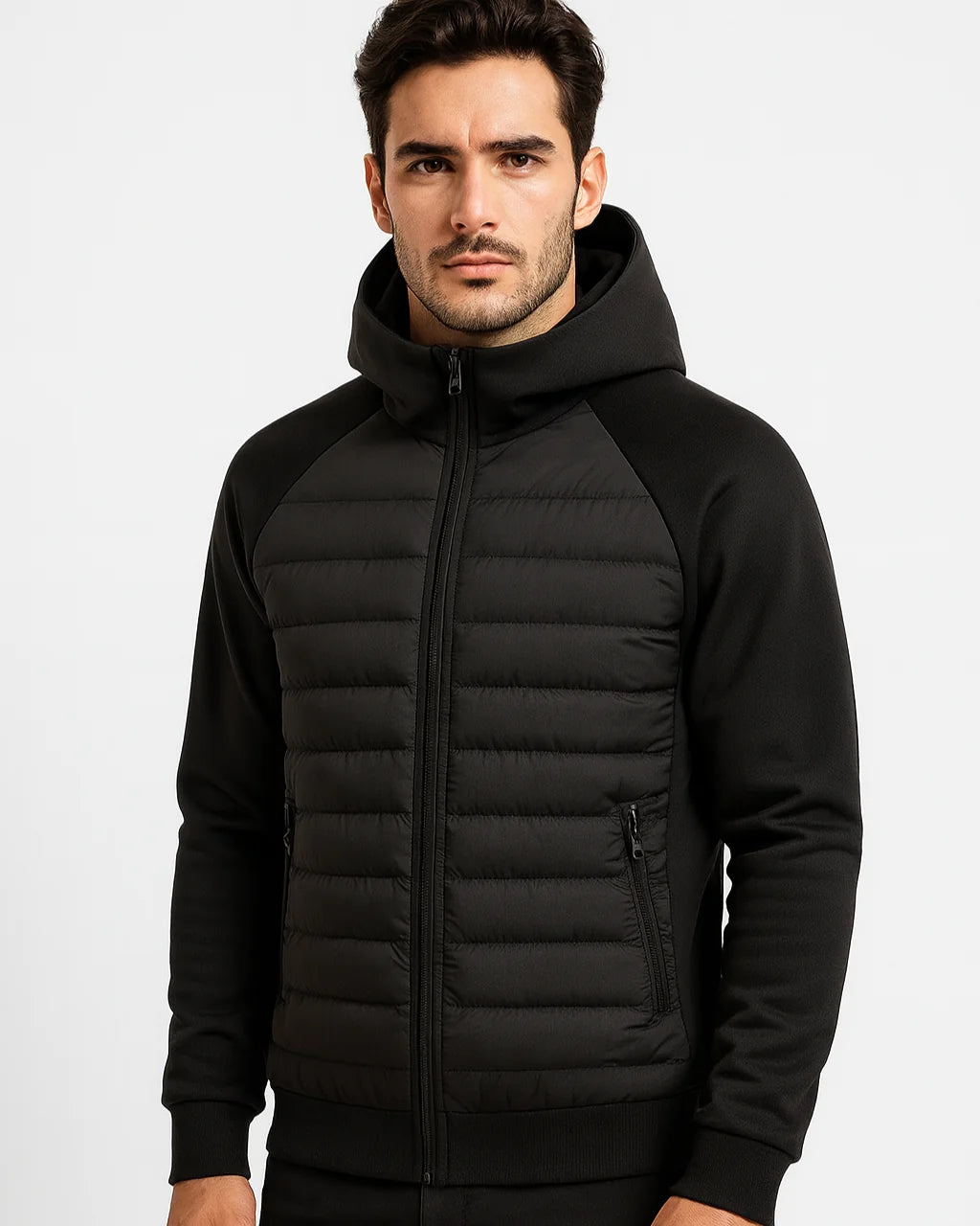 Men's Hooded Puffer Jacket – Black Raglan Softshell